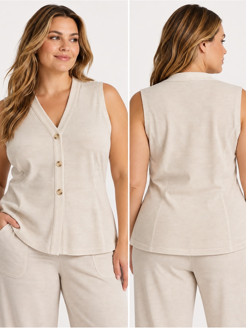 SPANX AirEssentials French Rib Button-Down Vest toasted coconut quiet luxury 1X